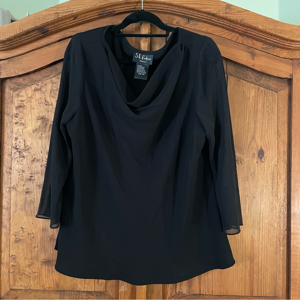 SL Fashions black chiffon draped neck blouse